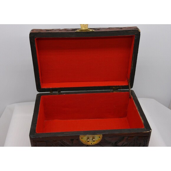 Classic Carved Asian Wooden Box with Red Felt Lining - Picture 8 of 8